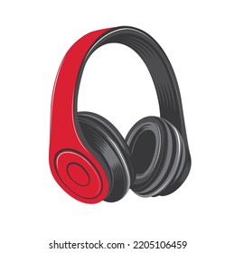 Vector illustration of wireless headphones in red, black and gray tones on a white isolated background