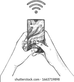 Vector illustration of wireless internet technology. Wi-fi connection sign and human hands holding smartphone touching screen. Vintage hand drawn style.