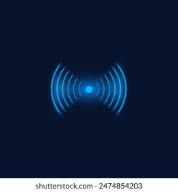 Vector illustration of a wireless network: Wi-Fi waves with radio and sound effect. Neon blue glowing logo on a dark background with digital signal icons.