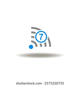 Vector illustration of wireless radio waves signal with seven number. Icon of WIFI 7. Symbol of Wi-Fi 7 next generation wireless mobile communication technology.