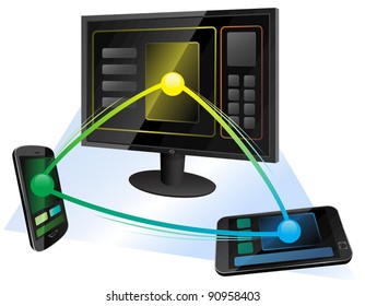 Vector illustration of wireless web communication between computer, mobile phone and tablet. Eps8 file grouped, layered and named for easy editing.