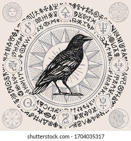 Vector illustration with a wise black Raven or magic Crow in retro style. Hand-drawn banner with magical symbols, occult signs and runes written in a circle