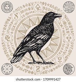 Vector illustration with a wise black Raven or sorcery Crow in retro style. Hand-drawn banner with magic signs, occult symbols and runes written in a circle