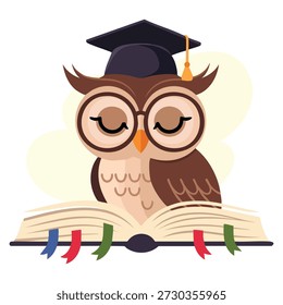Vector illustration of wise brown owl in graduation cap cartoon bird reading book ideal for school education learning and knowledge themed creative artwork