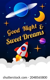 Vector illustration of wish good night on dark blue sky background with moon. Art design for web, site, advertising, banner, poster, flyer, brochure, board, card, paper print.