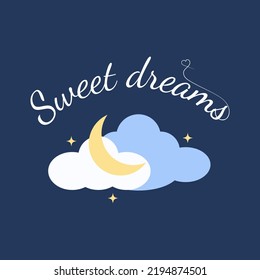 Vector Illustration Of Wish Good Night On Dark Blue Sky Background With Moon And Stars. Art Design For Web, Site, Advertising, Banner, Poster, Flyer, Brochure, Board, Card. Sweet Dreams Lettering