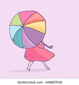 Vector illustration wit cute cartoon summer girl with rainbow colorful umbrella