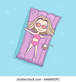 Vector illustration wit cute cartoon summer happy girl swimming on air mattress with coconut cocktail