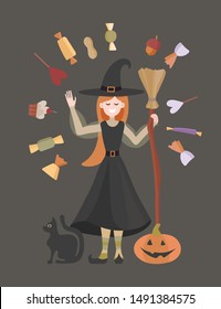Vector illustration of a witch around sweets with a cat and pumpkins for Halloween. Design for flyers, posters, cards, scenery on the eve of all saints.