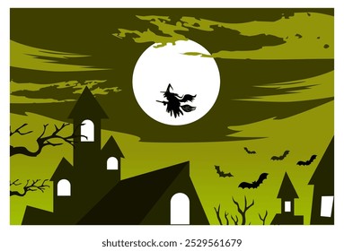 
vector illustration of a witch background on a full moon and a castle below it, halloween theme, suitable for backgrounds, posters, wall decorations.