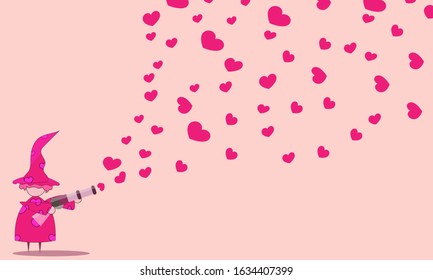 vector illustration of a witch background shooting a love gun. Vector theme of valentines day. Illustration vectors for cards, banners, posters and brochures