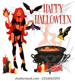 Vector illustration of a witch with bats, a cauldron, candles, fire, cobwebs and the inscription Happy Halloween for a party invitation card, poster. Greeting card, banner for the Day of the Dead