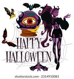 Vector illustration of a witch with bats, a magic ball, a spider web and the inscription Happy Halloween for a party invitation card, poster. Greeting card, banner for the Day of the Dead. Printing