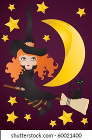 Vector illustration of witch with black cat on the broom