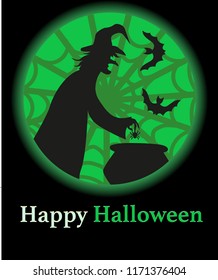 Vector illustration of witch boiling poison in cauldron in a castle room. Autumn night vector illustration with green sky for web and print. Halloween Witch with Cauldron