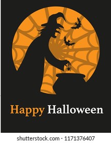 Vector illustration of witch boiling poison in cauldron in a castle room. Autumn night vector illustration with orange sky for web and print. Halloween Witch with Cauldron