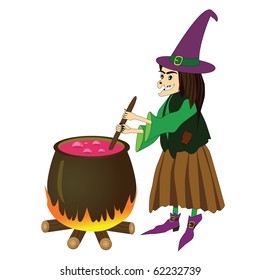 Vector illustration of witch boiling poison in cauldron