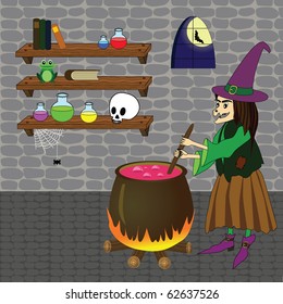 Vector illustration of witch boiling poison in cauldron in a castle room with shelves, skull, bottles, books, spider, frog