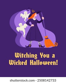 Vector illustration of a witch with a broom and flying ghosts. Illustration in a spooky, playful style on a purple background.