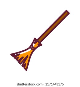 Vector illustration with witch broom object. Cartoon old magical besom for a wicked wizard isolated on white background. Halloween graphic element icon
