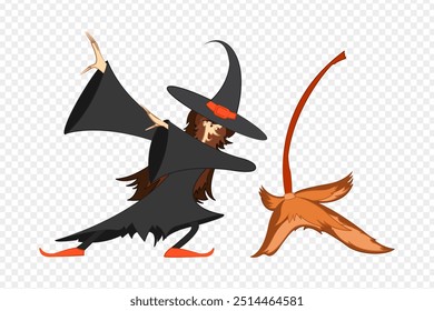 Vector illustration of witch with broom on transparent background