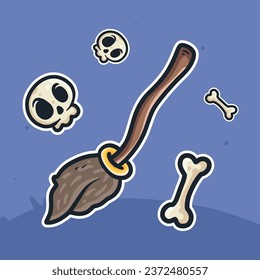 ilustración vectorial del cráneo de escoba de bruja lindo esqueleto personaje de halloween caricatura divertida