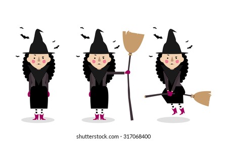 Vector illustration of the witch with the broom in three different body positions.
Witch is standing still, holding broom and flying on the broom.
Front view.