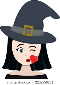 vector illustration of a witch cartoon giving a kiss in the shape of a heart