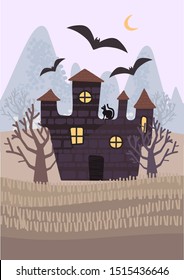 Vector illustration of a witch castle in a field with trees. Scary house with bats on a background of mountains. For the design of postcards, posters, flyers for Halloween.