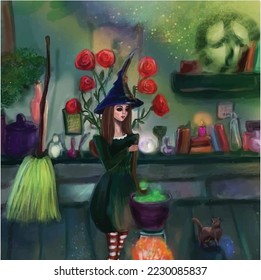 Vector illustration of witch with a cat