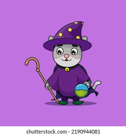 
Vector Illustration Of A Witch Cat Carrying A Magic Wand And A Spell Bottle