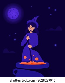Vector illustration of witch. Witch with cauldron. Halloween. Halloween costume. Witch hat. Dark background with stars,cloud and moon.Landing page. Happy Halloween.