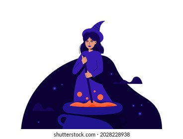 Vector illustration of witch. Witch cooking. Witch with cauldron. Halloween. Halloween costume. Witch hat. Dark background with stars and cloud. Landing page. Happy Halloween.