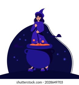 Vector illustration of witch. Witch cooking. Witch with cauldron. Halloween. Halloween costume. Witch hat. Dark background with stars and cloud. Landing page. FlyerHappy Halloween.