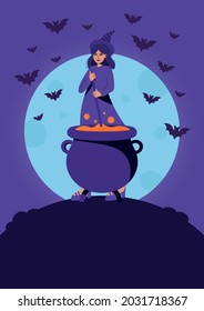 Vector illustration of witch. Witch cooking. Witch with cauldron. Halloween. Halloween costume. Witch hat. Dark background with stars and cloud. Landing page. Flyer Happy Halloween. Trick or treat.