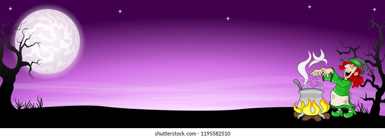 vector illustration of a witch cooking a magic potion in the cauldron