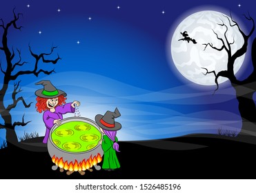 vector illustration of a witch cooking a magic potion in the cauldron