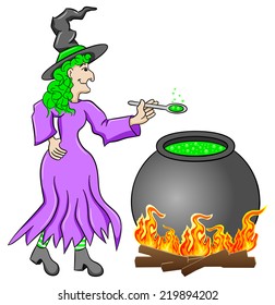 vector illustration of a witch cooking a magic potion in the cauldron