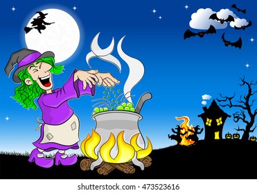 vector illustration of a witch cooking a magic potion in the cauldron