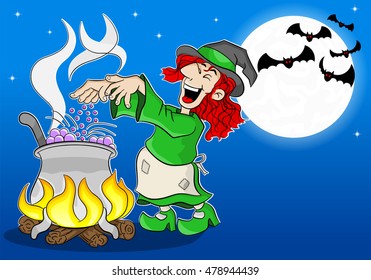 vector illustration of a witch cooking a magic potion in the cauldron