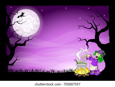 vector illustration of a witch cooking a magic potion in the cauldron