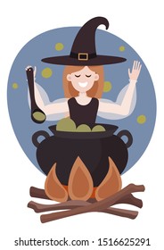 Vector illustration with a witch cooking a potion. Funny character and night symbol on a white background. For design for halloween holiday merry october party.