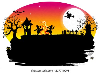 vector illustration of a witch dancing around the fire at halloween