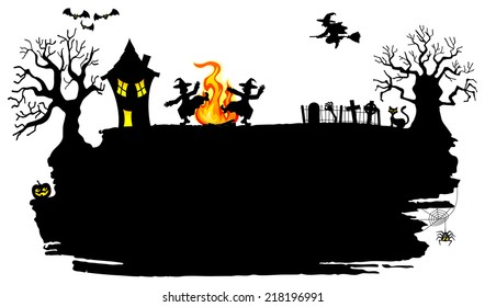 vector illustration of a witch dancing around the fire at halloween