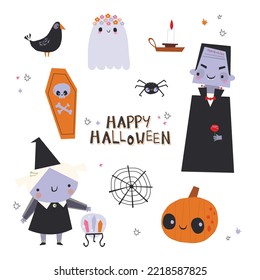 vector illustration of witch, dracula, pumpkin, ghost, skeleton.  isolated cartoon elements in Halloween style for decor, print, holidays.