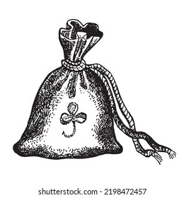Vector illustration of witch dried herbs bag for making magic, cooking a potion, hand drawn image, black and white drawing for Halloween holiday celebrations