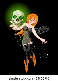 Vector illustration of a witch flaying at Halloween night with shone skull