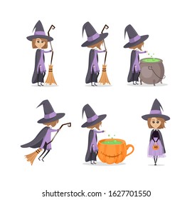 Vector illustration of witch flying, with broom, near cauldron. Set of cute, little magician. Character design	