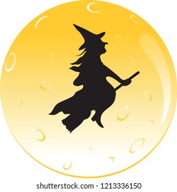 Vector illustration of a witch flying in front of the moon.