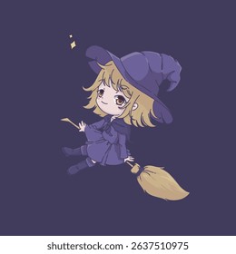 A vector illustration of a witch flying with her flying broomstick. She wear a purple dress and purple hat. Suitable for halloween theme design concept, education, promotion, printable, etc